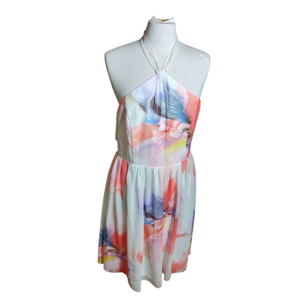 White House Black Market Watercolor Floral Halter Dress Size 12 Pink Blue White